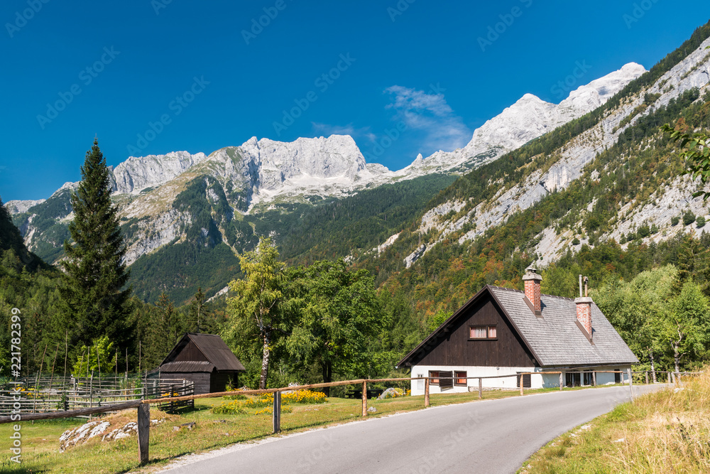 Mountain landscape in the Soca valley in Slovenia, near Trenta