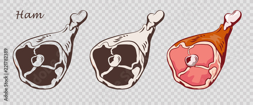 Pork knuckle. Ham hock isolated on the pseudo transparent background. Meat on the bone. Set of outline, black and white, colored images. Vector illustration. Icon, emblem, logo element.