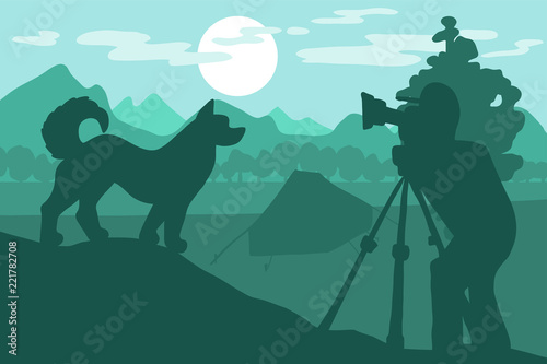 Walking Dog In Forest Mountain Camp