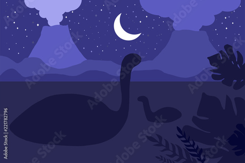 Swimming dinosaurs. Night nature scene