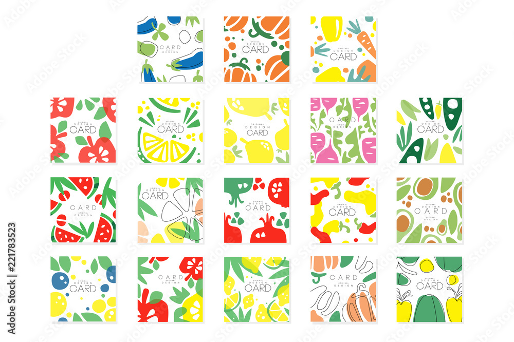 Vegetable cards collection original design, posters with eggplant, pepper, carrot, avocado, beet vector illustrations