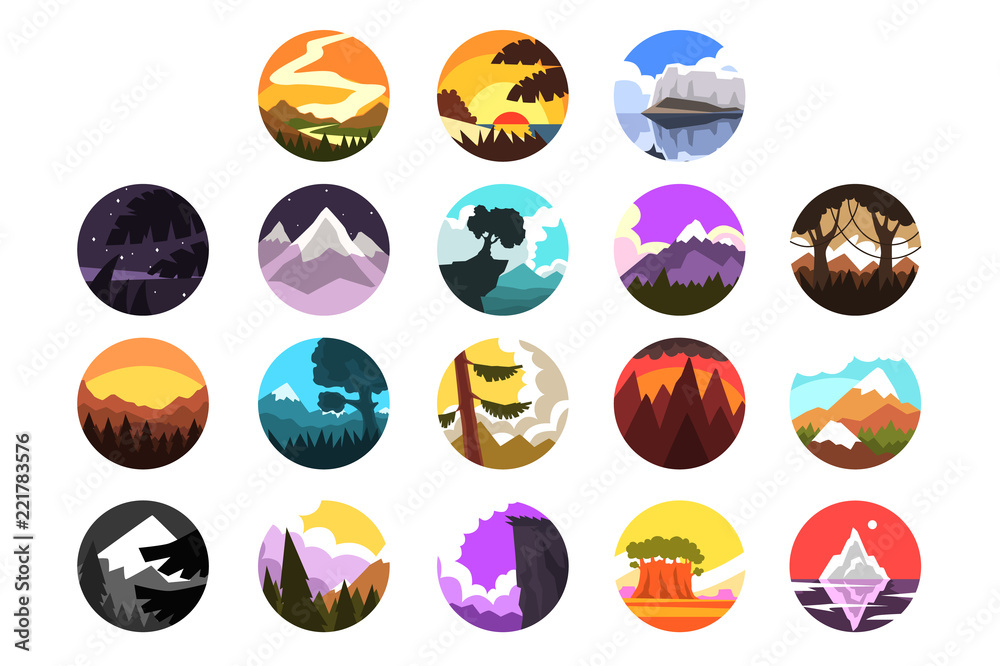 Set of wild nature round landscape, mountain l scenery at different times of day vector illustrations