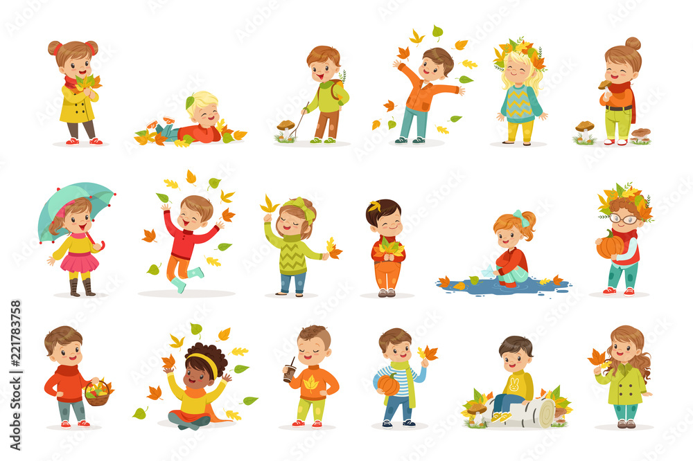 Autumn children s outdoor seasonal activities set. Collecting leaves, playing and throwing leaves, picking mushrooms, walking. Flat cartoon vector. Autumn children s outdoor seasonal activities set. Collecting leaves, playing and throwing leaves, picking mushrooms, walking. Flat cartoon vector.