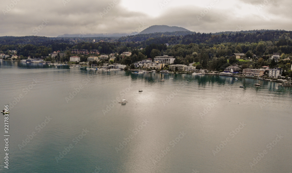 Aerial view of Velden Am Worthersee on beautiful lake Worthersee in Austria Aerial view of Velden Am Worthersee on beautiful lake Worthersee in Austria