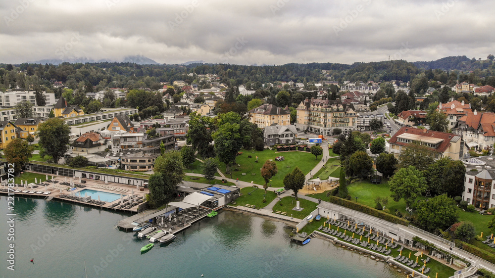 Aerial view of Velden Am Worthersee on beautiful lake Worthersee in Austria