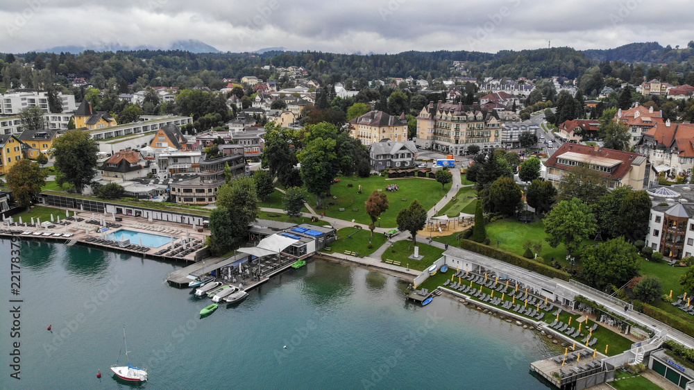 Aerial view of Velden Am Worthersee on beautiful lake Worthersee in Austria Aerial view of Velden Am Worthersee on beautiful lake Worthersee in Austria