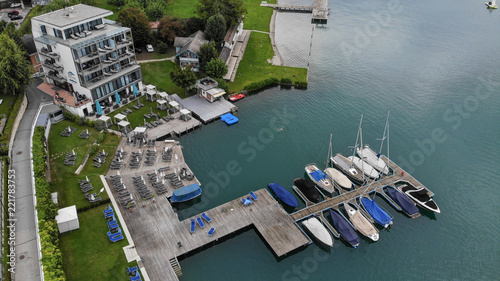 Aerial view of Velden Am Worthersee on beautiful lake Worthersee in Austria