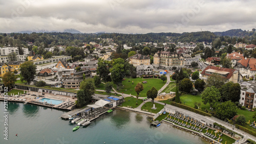 Aerial view of Velden Am Worthersee on beautiful lake Worthersee in Austria