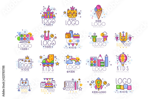 Kids line logo set. Paint palette with brush, castle, cat, rollers, rainbow with clouds, robot, cake with gifts, drawing pad and pen. Vector design