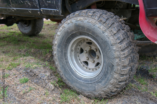 Close-up of 4x4 off-road vehicle tire