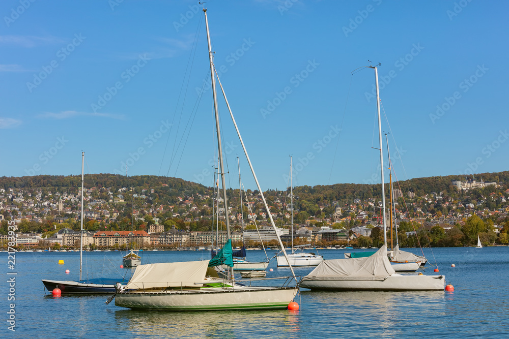 Boats on Lake Zurich in Switzerland - view from the city of Zurich at the beginning of October