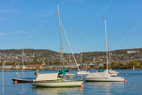 Boats on Lake Zurich in Switzerland - view from the city of Zurich at the beginning of October © photogearch