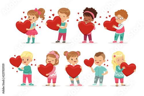 Set of cute kids characters with paper red hearts in hands. Cute cartoon illustration of boys and girls. Flat vector on white.
