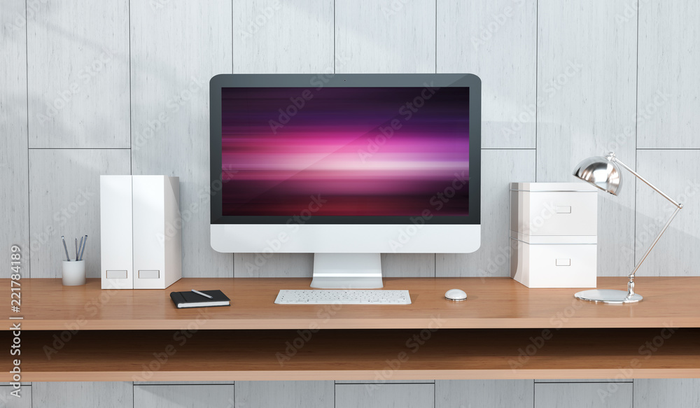 Computer and devices on modern wooden desk interior 3D rendering Computer and devices on modern wooden desk interior 3D rendering