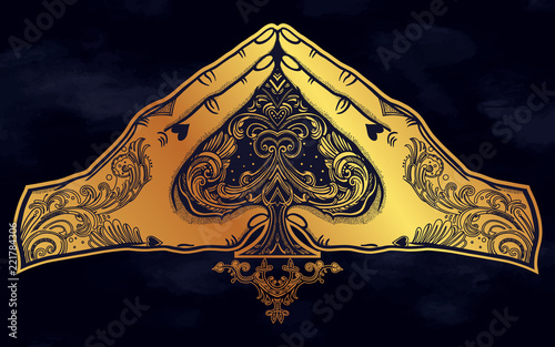 Heart shape hand gesture with a Ace of Spades .