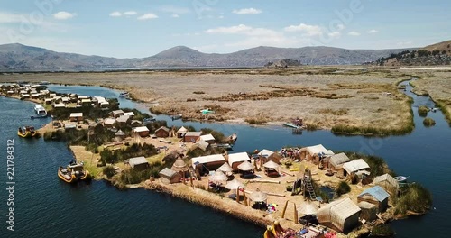 Aerial view of floating islands of Uros at Lake Titicaca video