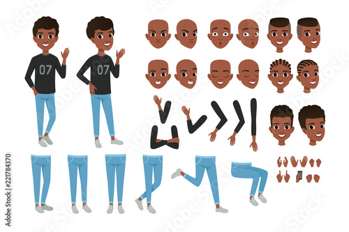 Teenager character constructor. Black boy s separate parts of body, different face expressions and haircuts. Isolated flat vector design