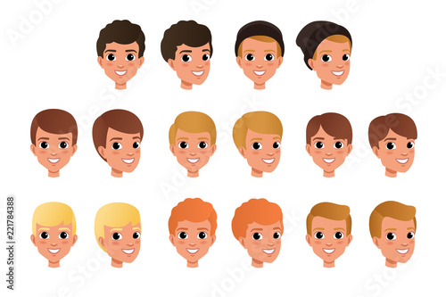 Cartoon collection of variety of boy s hair styles and colors. Kid with smiling face expression. Human head icons. Flat vector design for game avatar