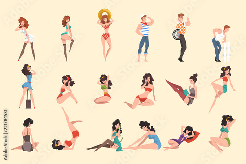 Set of seductive pin up girls in sexy clothing. Females standing and sitting in different posses. Sensual stylish women. Vector characters collection