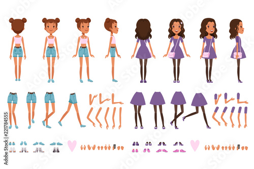 Teenager girl character constructor, creation set. Full length front, back and side view. Body parts and collection of shoes. Flat vector illustration