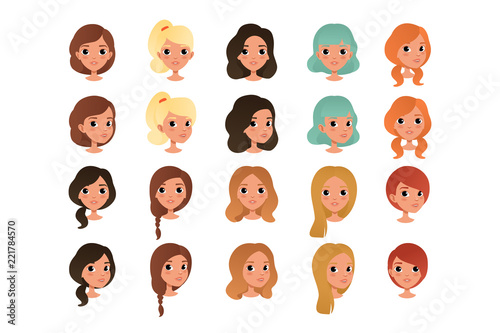 Set of different girl s hair styles and colors black, blue, blonde, red, brown. Female teens with big shiny eyes. Human head. Flat vector design