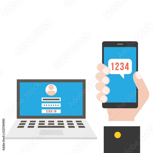 business hand holding smart phone and connect with laptop computer for filled password, flat design, Two Factor Authentication security concept