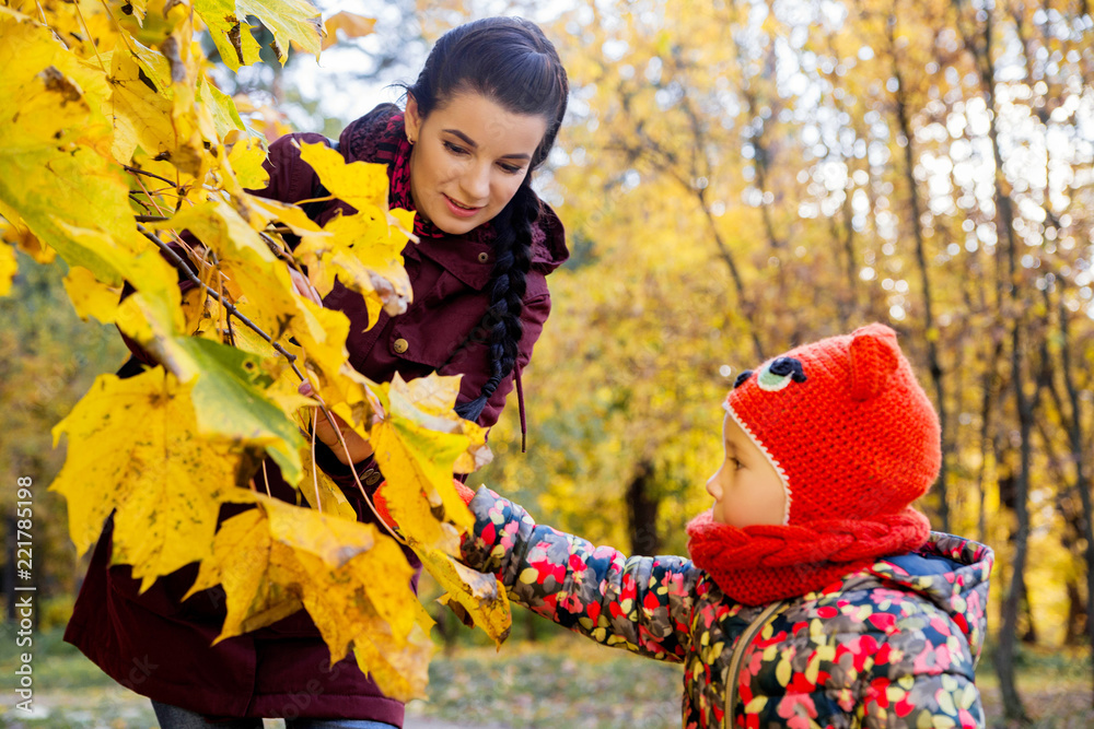 mother shows her daughter autumn leaves