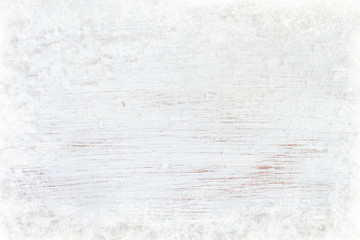 Christmas background - Old white wood texture with snow. top view, border design. vintage and rustic style