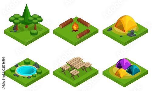 Isometry set of outdoor recreation, travel, camping, forest, mountains, lakes. A large set of things for creating their own rest