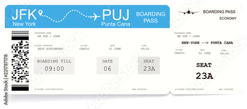 Airline boarding pass or airplane ticket. Pattern of boarding pass for flight from New-York to Punta Cana. Concept of travel to ocean or sea. Vector illustration