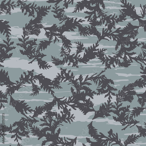 Botanical vector seamless pattern with thuja branches and twigs and abstrac brush stokes background.