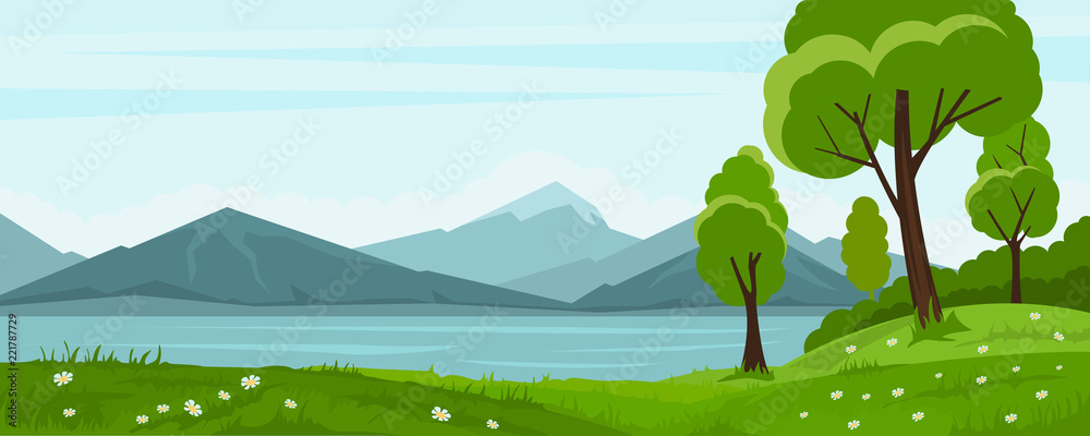 Naklejka premium Summer landscape with trees and lake and mountain
