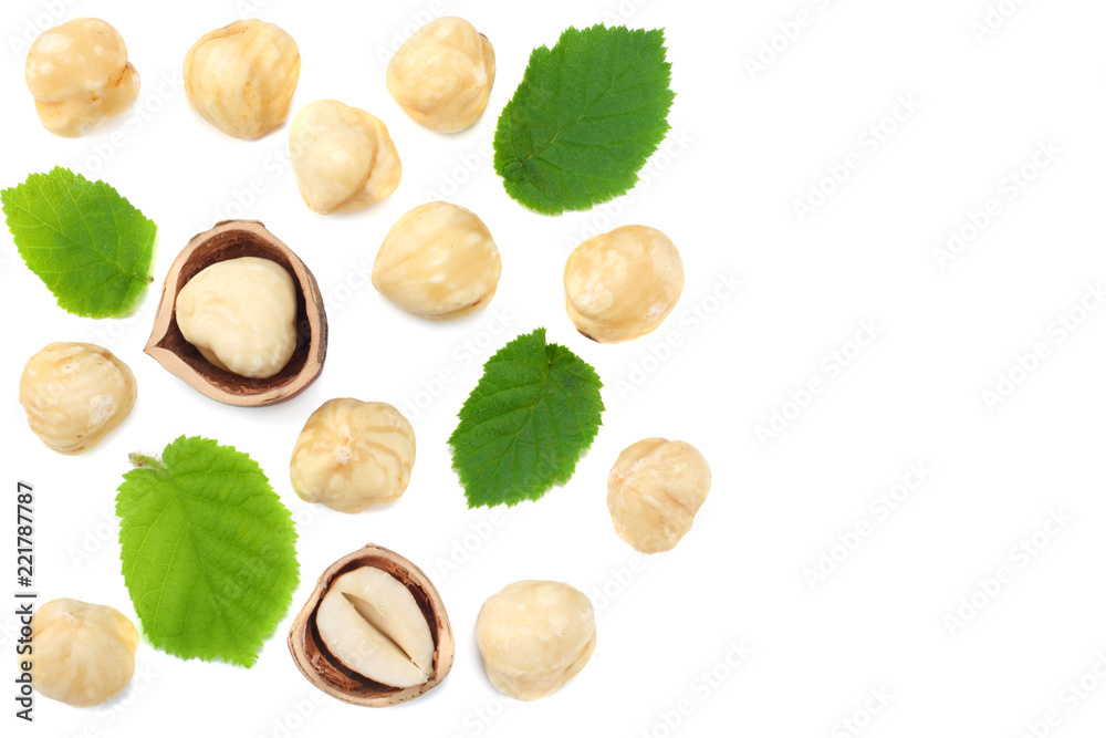 hazelnuts with leaves isolated on white background. top view hazelnuts with leaves isolated on white background. top view