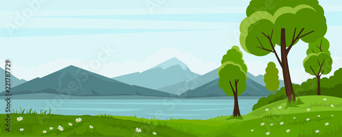 Summer landscape with trees and lake and mountain