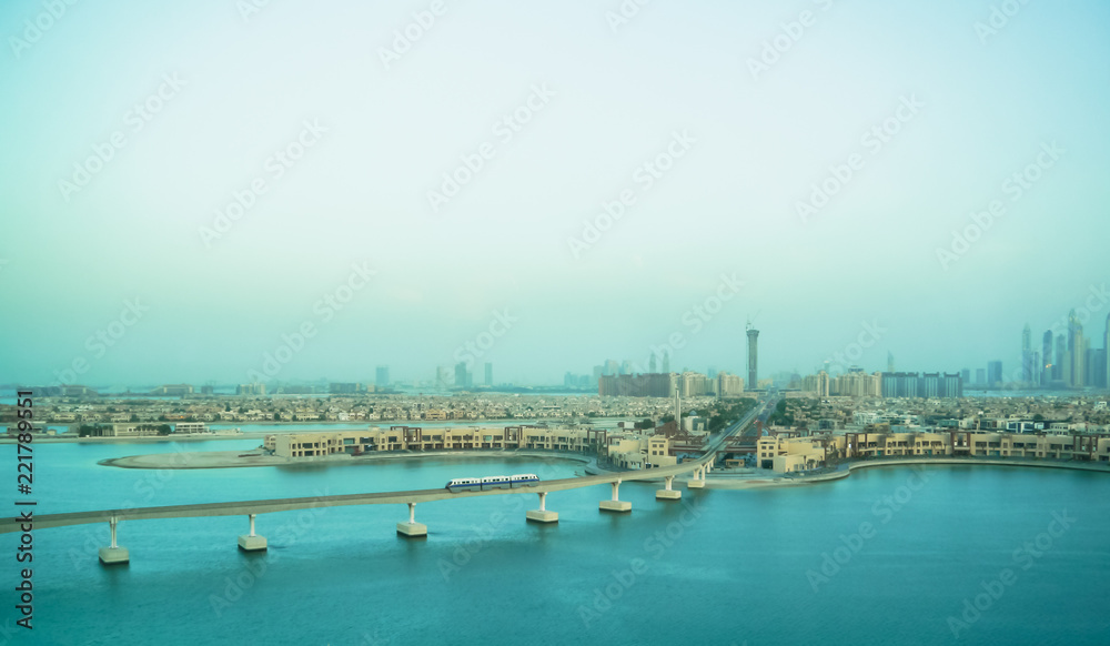Views of the Dubai coast with monorail and train. Dubai. September 2018