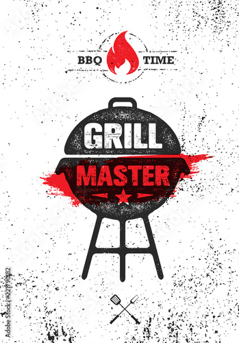 Grill Master Meat On Fire Barbecue Menu Vector Design Element. Outdoor Food Meal Creative Rough Sign