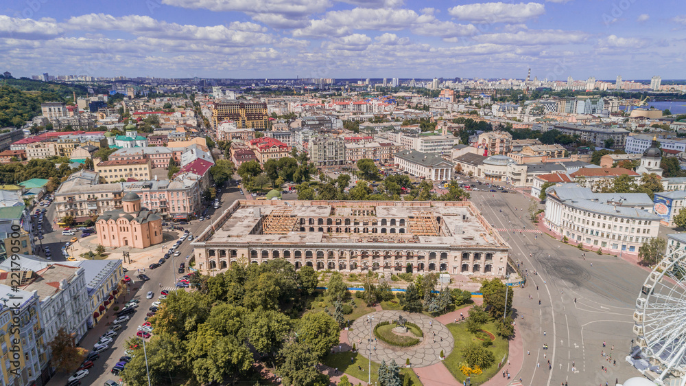 Aerial view of an abandoned building. Guest house. Trees. Contract Square. Kiev (Kyiv). Ukraine.