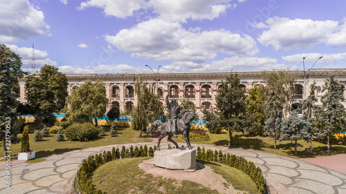 Aerial view of the monument to Peter Sagaidachnoy. Contract area. Sky. Kiev (Kyiv). Ukraine.