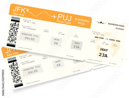Realistic variant of boarding pass ticket for travel by airplane. Isolated on white. Vector illustration