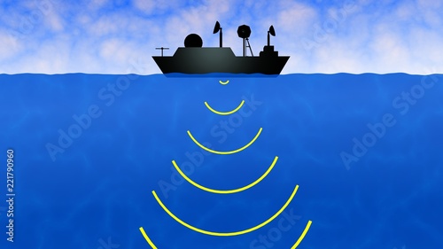 Ship on sea emitting sonar signals into ocean. 3d rendering photo