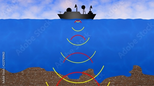 Ship on sea sending, receiving sonar signals. 3d rendering photo