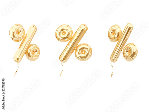 %, flying golden foil balloon percent symbol isolated on whit. 3d rendering. photo