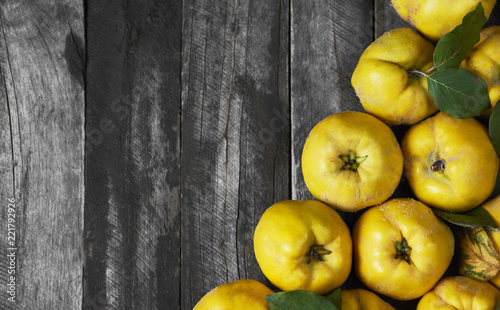 A lot of apple quince  on dark wooden background. top view