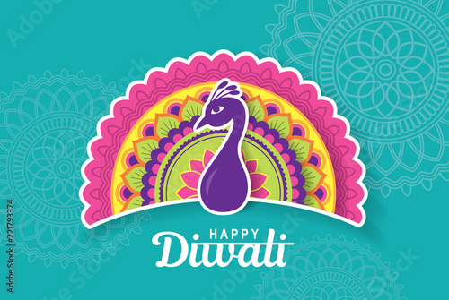 Diwali festival greeting card with colorful peacock