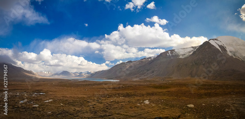 Panoramic view to lakes at Barskoon pass, river and gorge and Sarymoynak pass, Jeti-Oguz, Kyrgyzstan