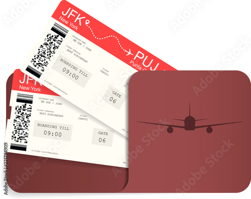 Two realistic airline tickets or boarding pass inside of red envelope.