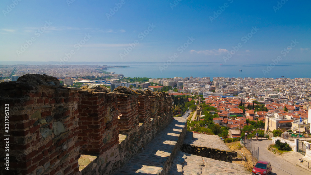 View to ancient wall and Trigoniu tower in Thessaloniki, Greece