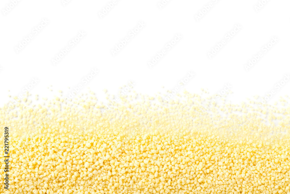 Heap of raw, uncooked couscous border over white Heap of raw, uncooked couscous border over white