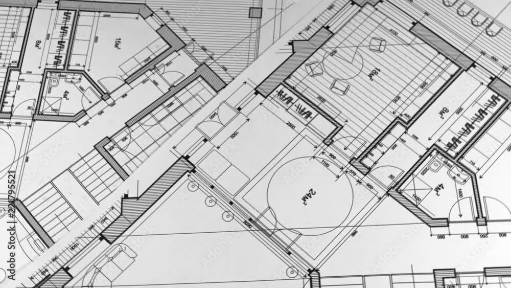 Architectural Blueprints - architectural plan of a modern house / smoothly rotate / seamless looping Architectural Blueprints - architectural plan of a modern house / smoothly rotate / seamless looping