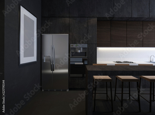 3D illustration kitchen with stone facade